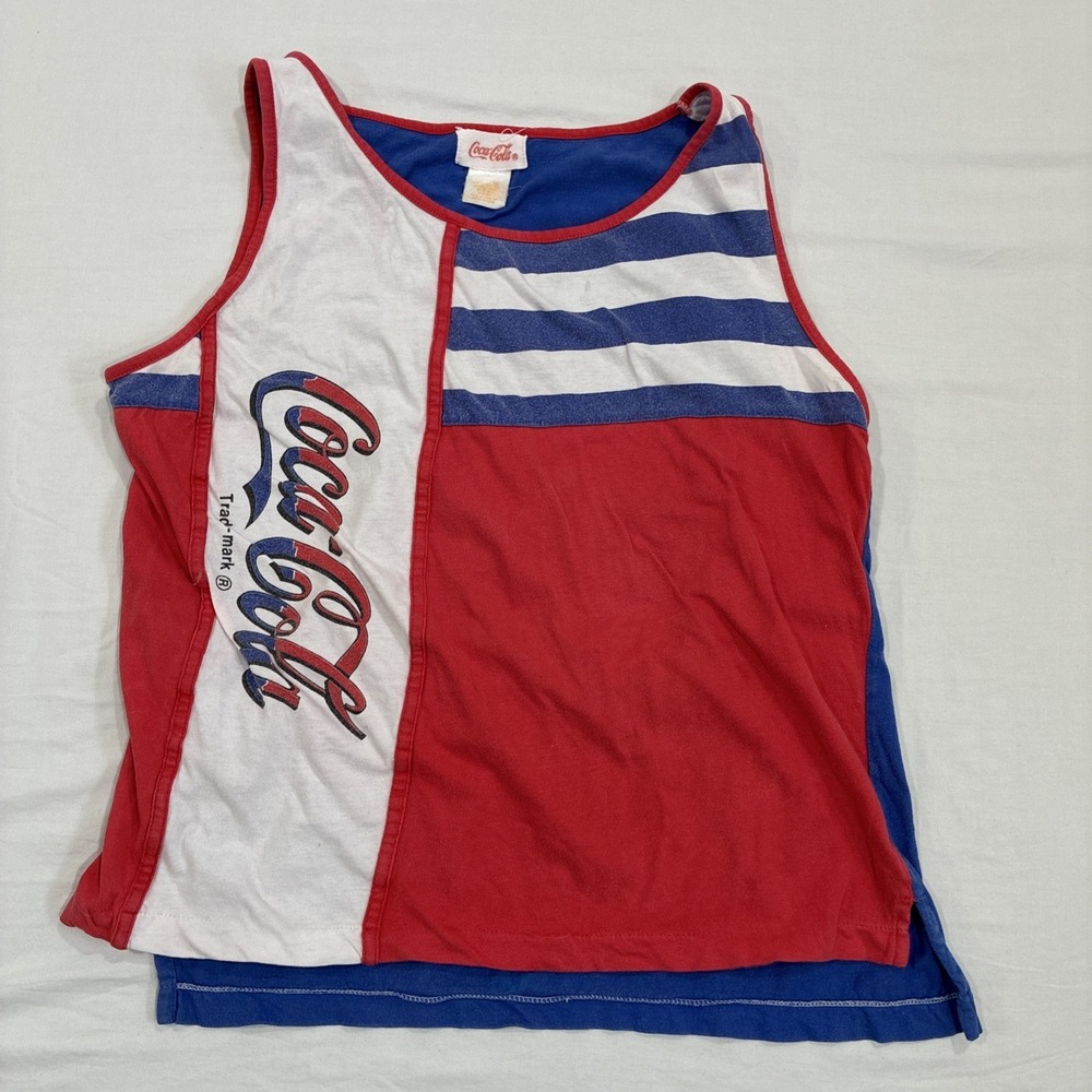 Vintage 1980s Coca Cola‎ Tank Top Shirt Large Red White Blue Drop Tail Summer